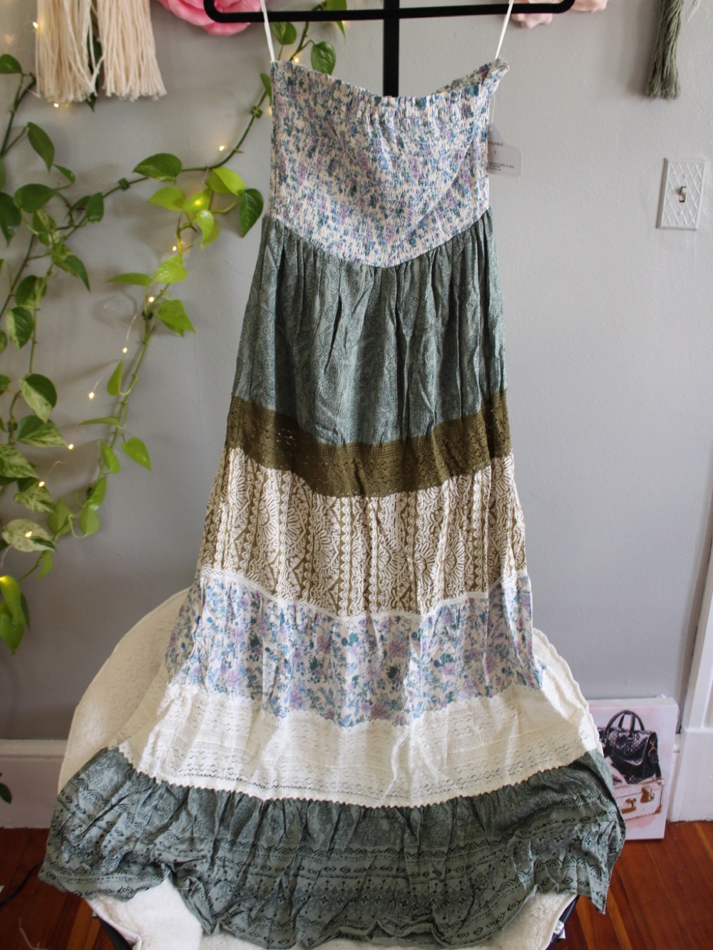 NWT Angie Boho Patchwork Tiered Maxi Dress Size S Floral Cottagecore